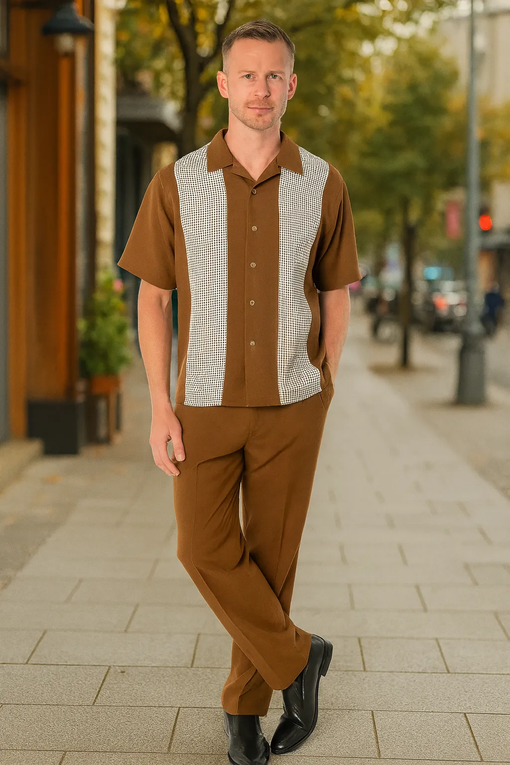 Men’s Cognac Tan Two-Piece Outfit – Short Sleeve Button-Up Shirt and Pants Set sold by Alberto Nardoni product image thumbnail 5