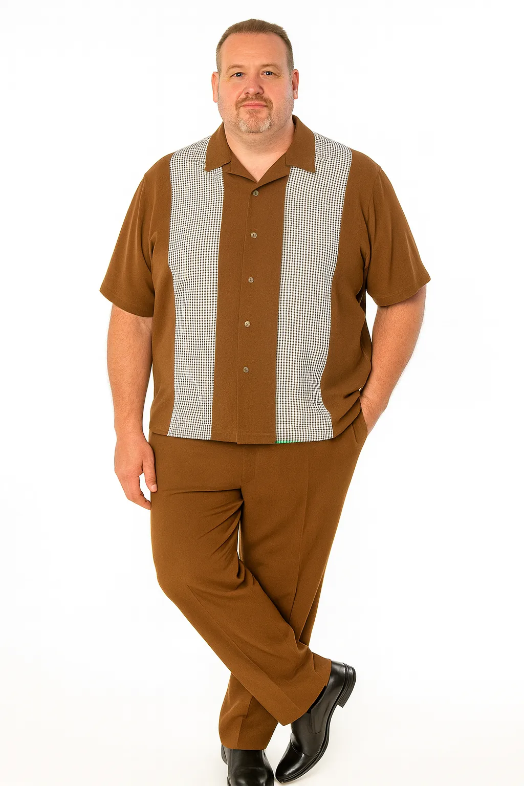 Men’s Cognac Tan Two-Piece Outfit – Short Sleeve Button-Up Shirt and Pants Set sold by Alberto Nardoni product image thumbnail 2