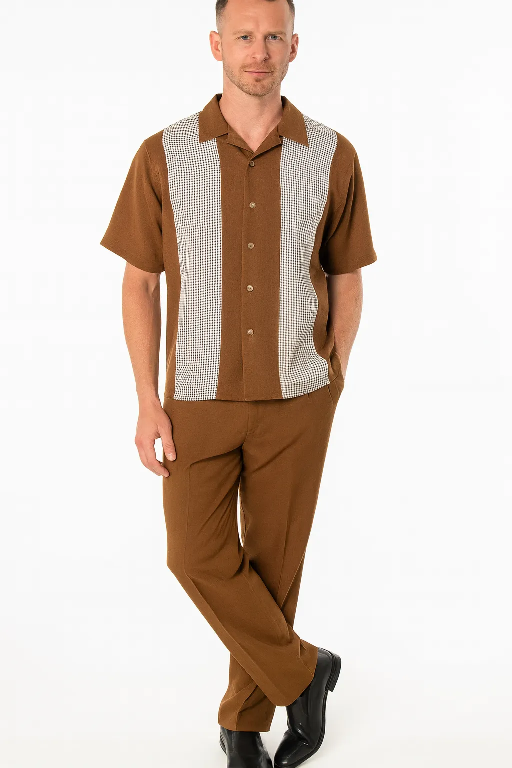 Men’s Cognac Tan Two-Piece Outfit – Short Sleeve Button-Up Shirt and Pants Set sold by Alberto Nardoni product image thumbnail 3