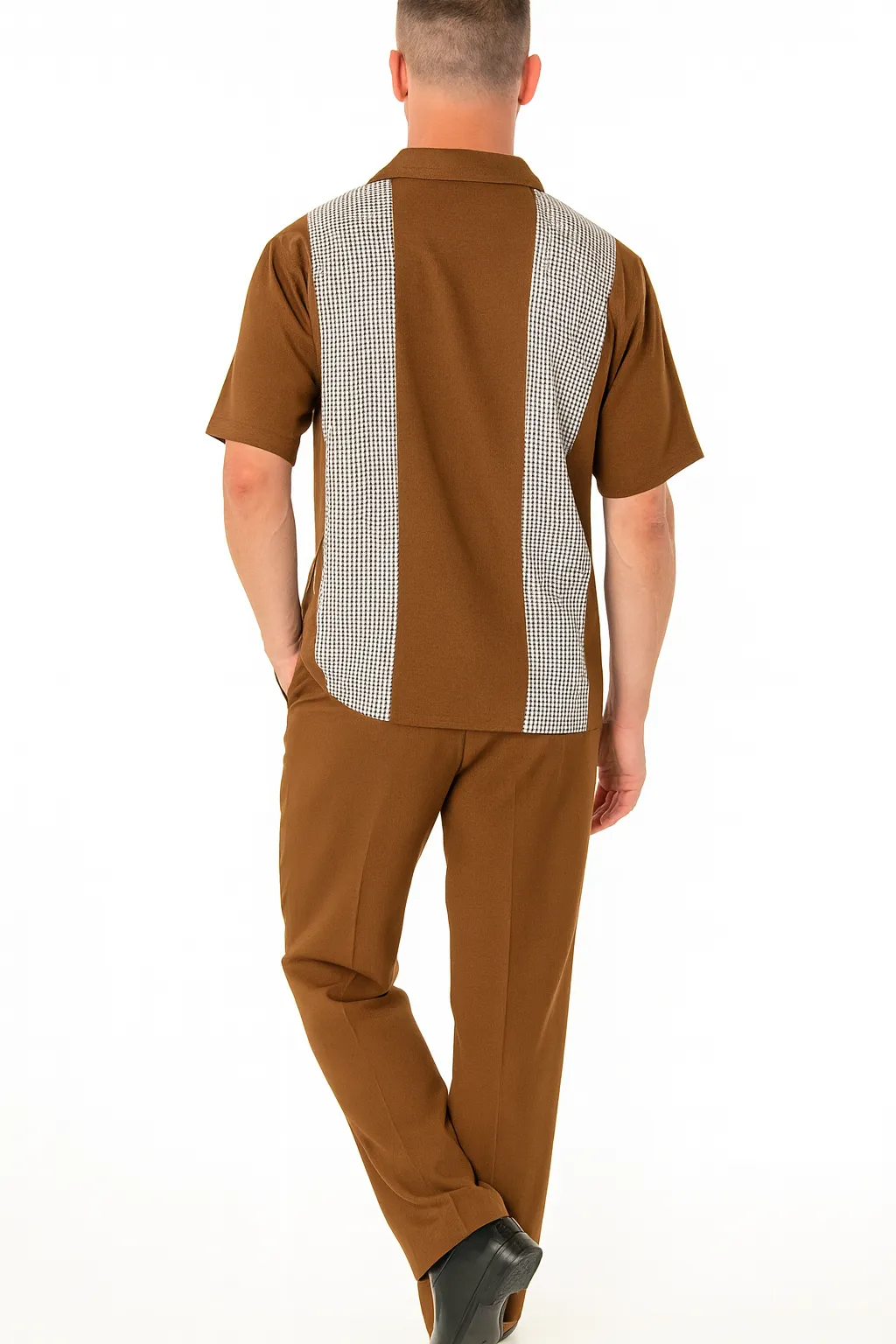 Men’s Cognac Tan Two-Piece Outfit – Short Sleeve Button-Up Shirt and Pants Set sold by Alberto Nardoni