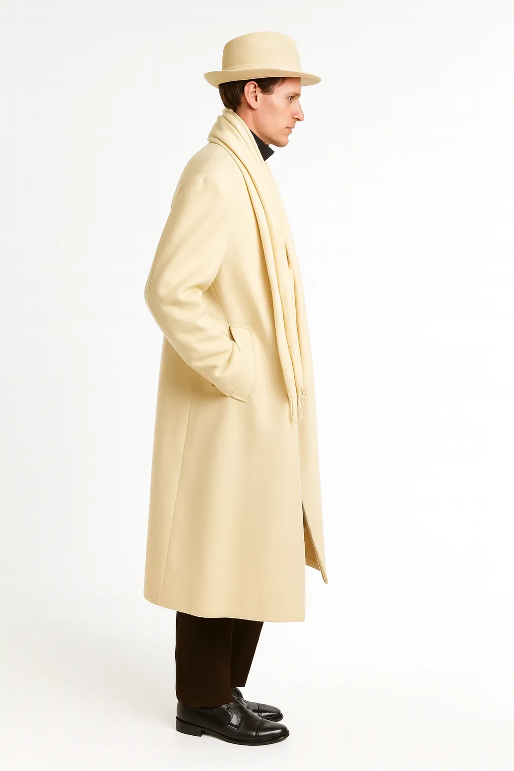 Mens Long Cream Overcoat Wool Fabric in Ivory Off White Color Full length sold by Alberto Nardoni product image thumbnail 5
