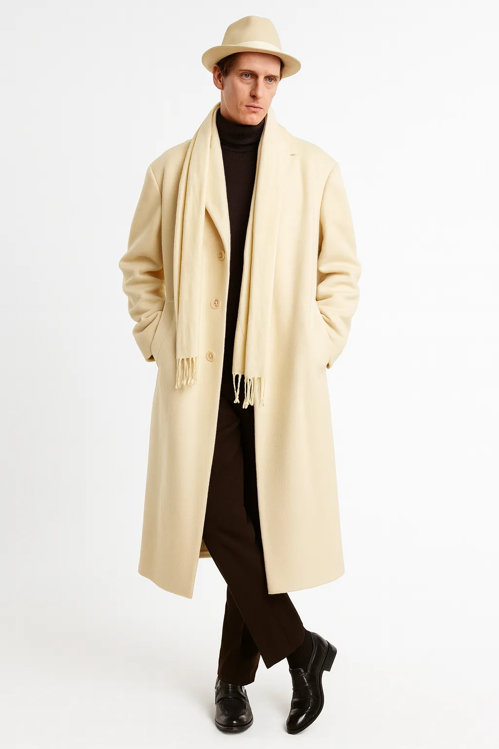 Mens Long Cream Overcoat Wool Fabric in Ivory Off White Color Full length sold by Alberto Nardoni product image thumbnail 3