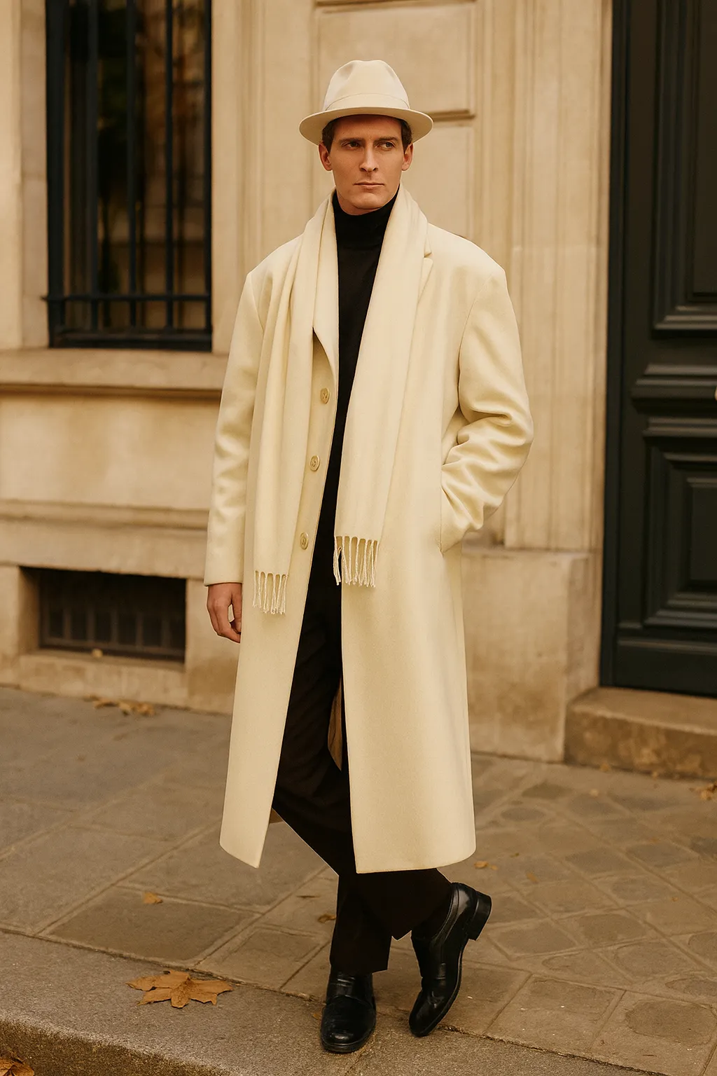 Mens Long Cream Overcoat Wool Fabric in Ivory Off White Color Full length sold by Alberto Nardoni product image thumbnail 4