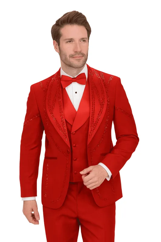 Italian Red Wool 3-Piece Modern Fit Tuxedo sold by Alberto Nardoni