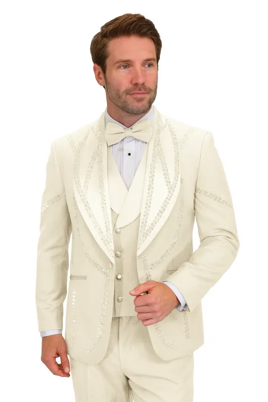 Off White Italian Wool 3-Piece Modern Fit Tuxedo sold by Alberto Nardoni