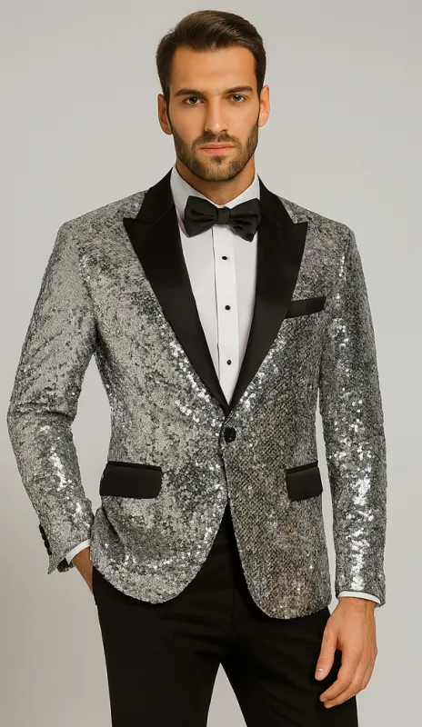 Men’s Silver Sequin Prom & Wedding Tuxedo – Black Satin Lapel sold by Alberto Nardoni