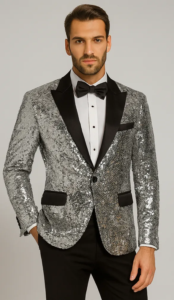 Men’s Silver Sequin Prom & Wedding Tuxedo – Black Satin Lapel sold by Alberto Nardoni