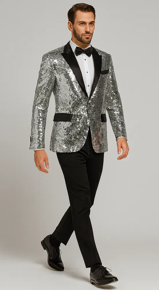 Men’s Silver Sequin Prom & Wedding Tuxedo – Black Satin Lapel sold by Alberto Nardoni product image thumbnail 5