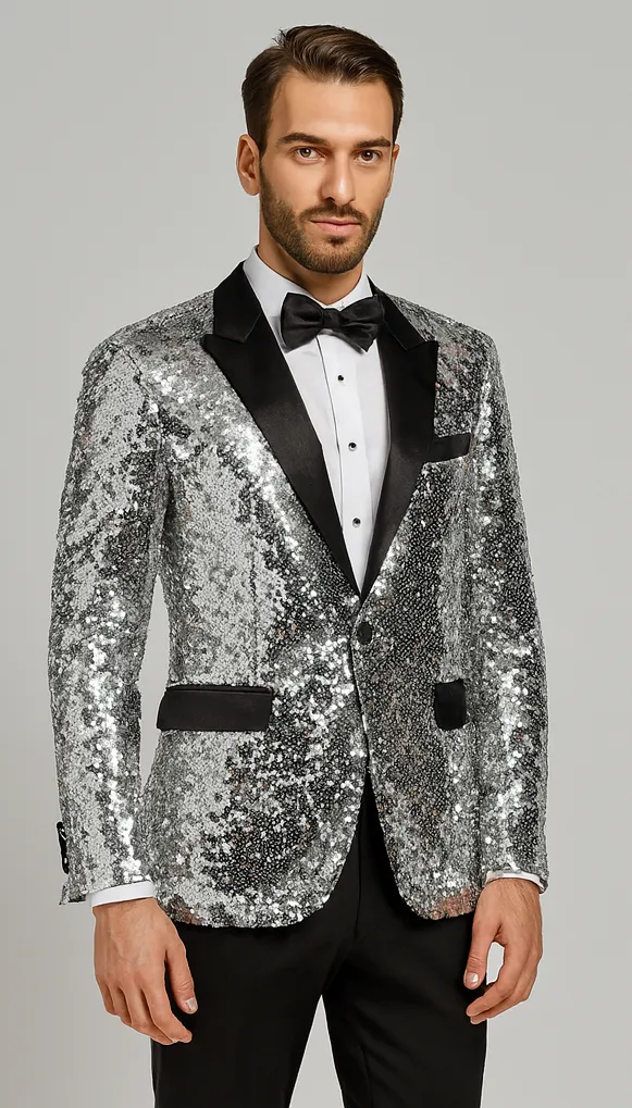 Men’s Silver Sequin Prom & Wedding Tuxedo – Black Satin Lapel sold by Alberto Nardoni product image thumbnail 2