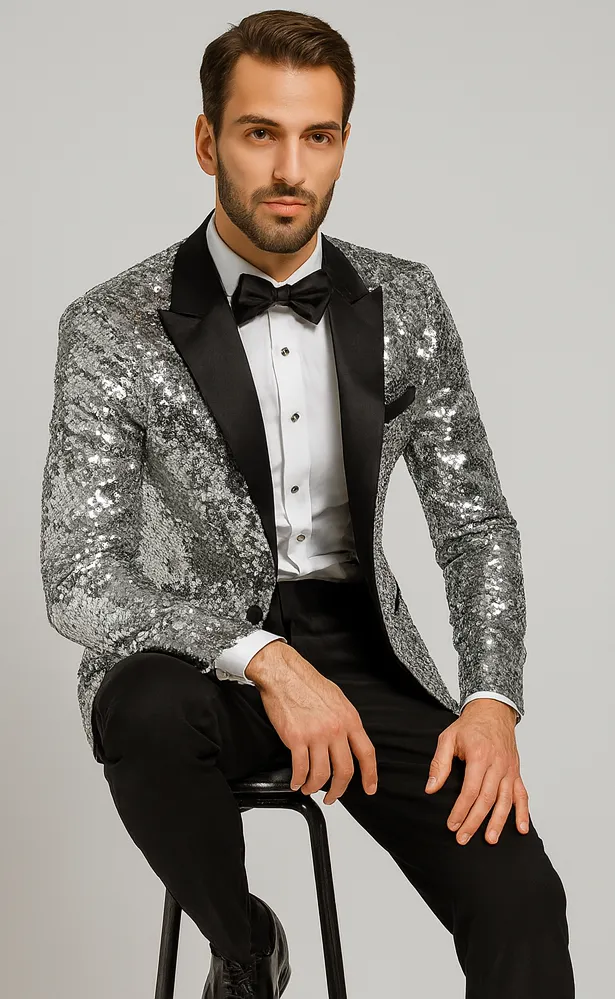 Men’s Silver Sequin Prom & Wedding Tuxedo – Black Satin Lapel sold by Alberto Nardoni product image thumbnail 4