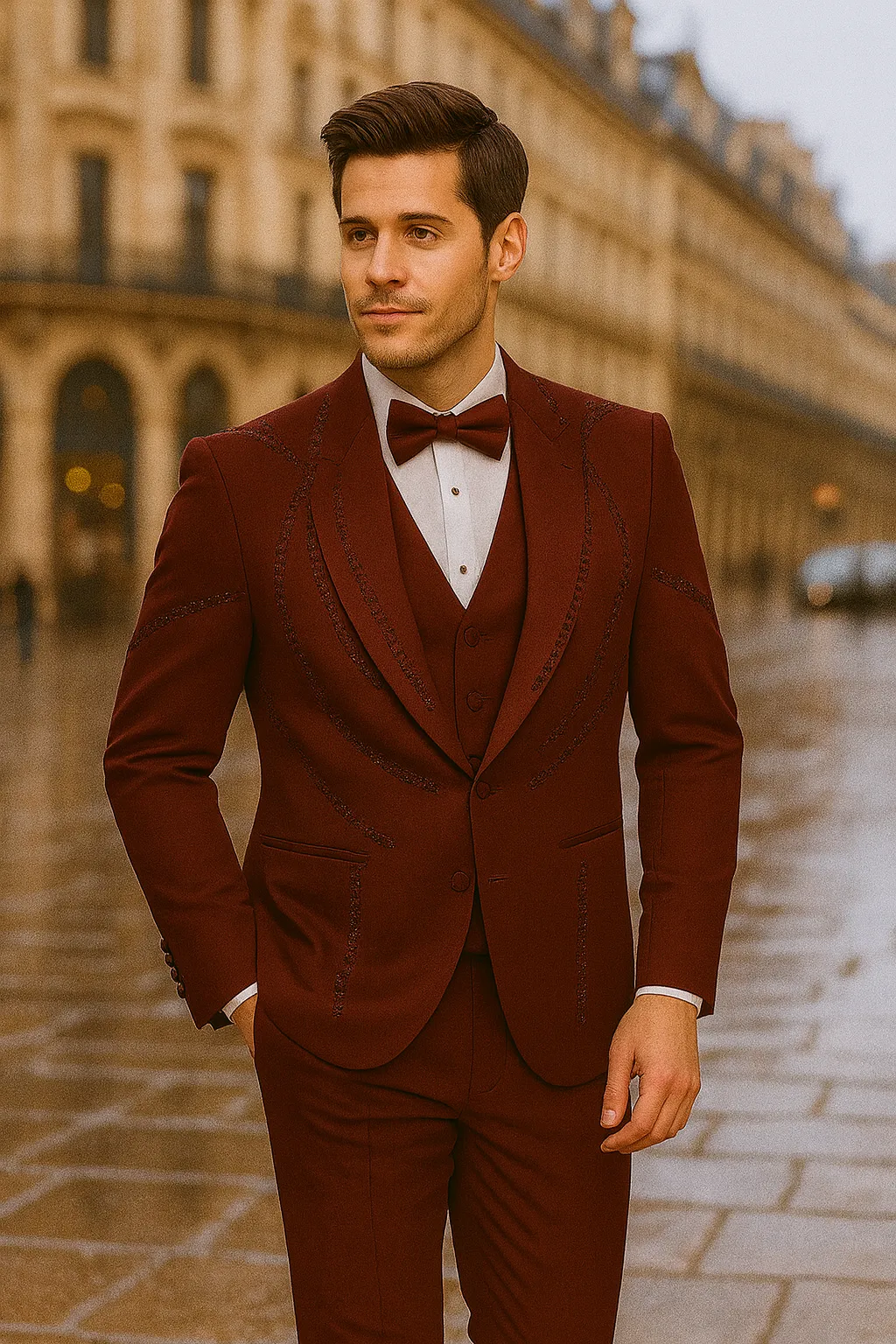 Men’s Burgundy Italian Wool 3-Piece Modern Formal Tuxedo sold by Alberto Nardoni product image thumbnail 3