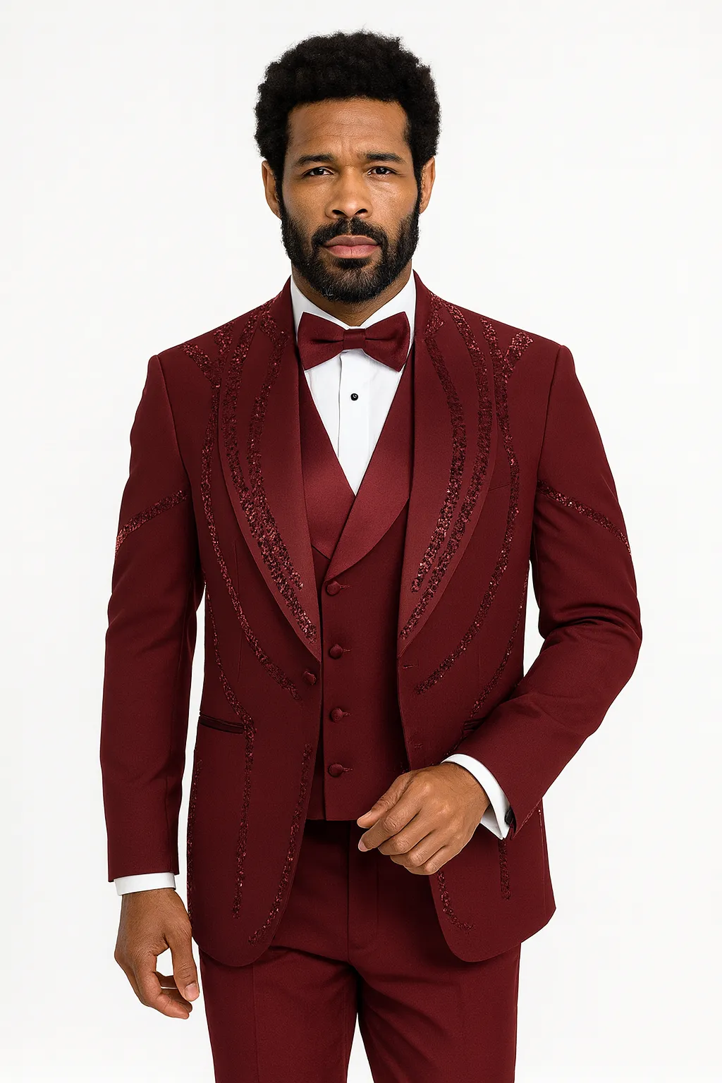Men’s Burgundy Italian Wool 3-Piece Modern Formal Tuxedo sold by Alberto Nardoni