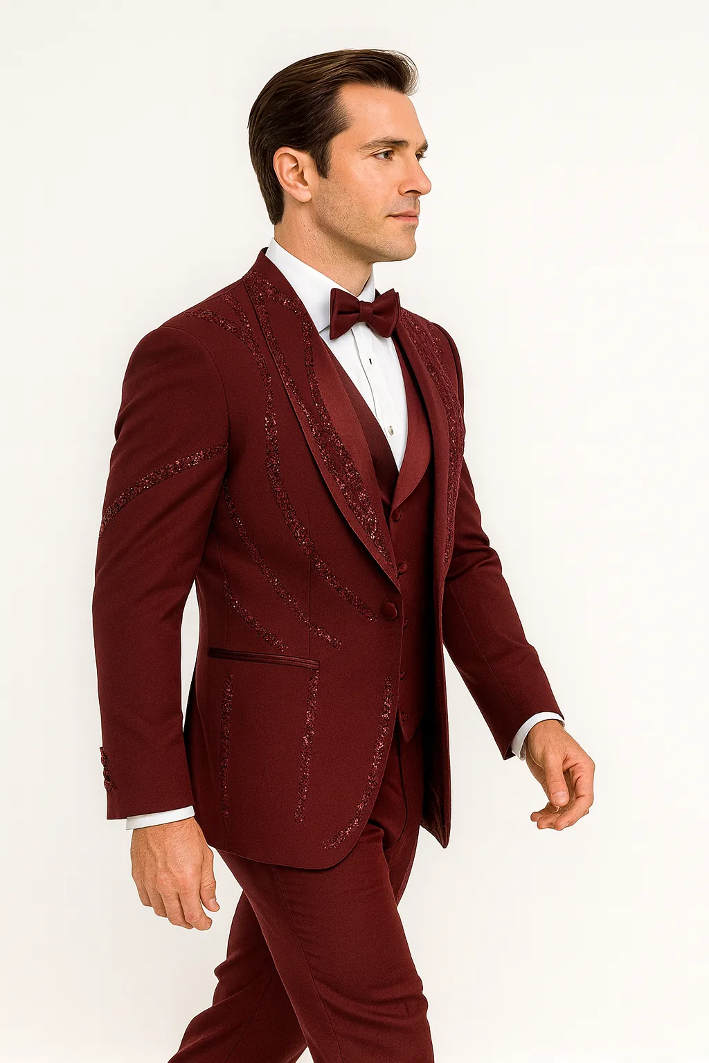 Men’s Burgundy Italian Wool 3-Piece Modern Formal Tuxedo sold by Alberto Nardoni product image thumbnail 2