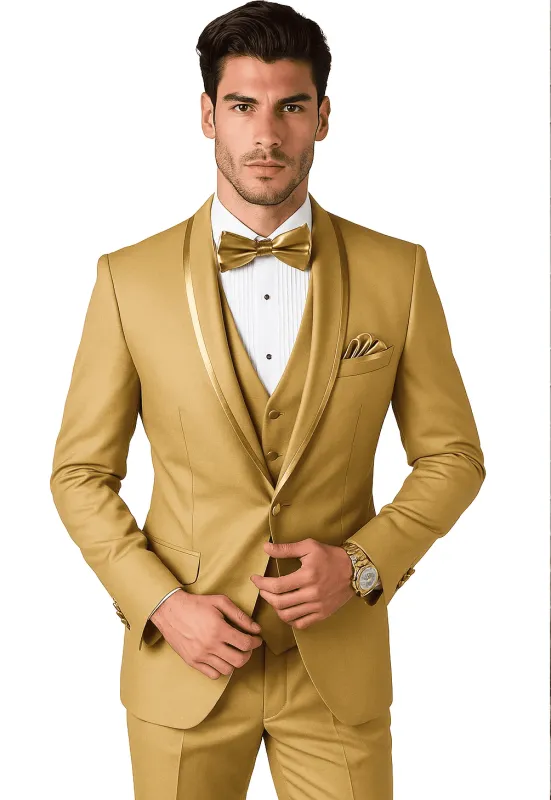 Men’s Champagne Wedding Tuxedo – Vested Suit with Satin Shawl Collar sold by Alberto Nardoni