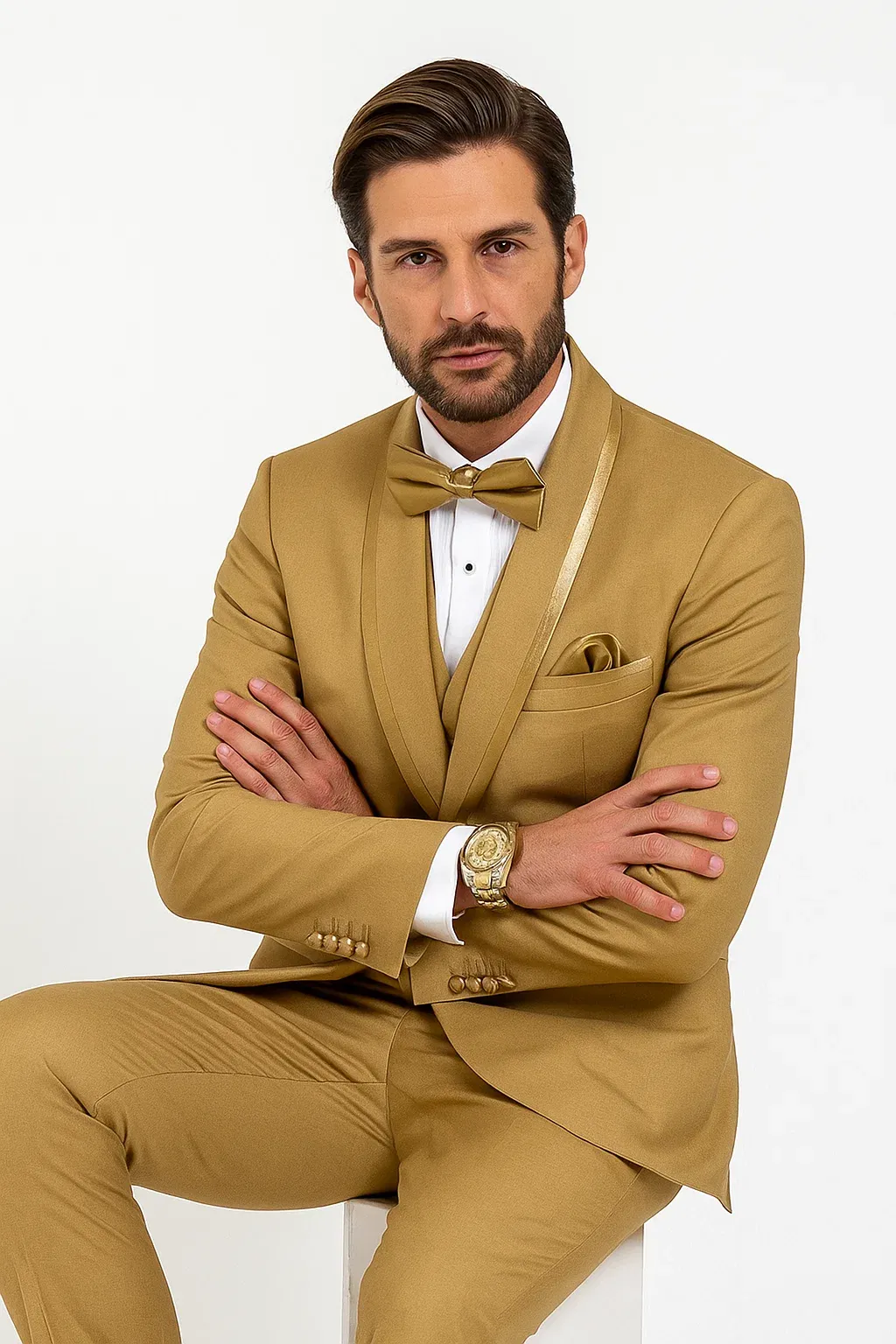 Men’s Champagne Wedding Tuxedo – Vested Suit with Satin Shawl Collar sold by Alberto Nardoni product image thumbnail 5