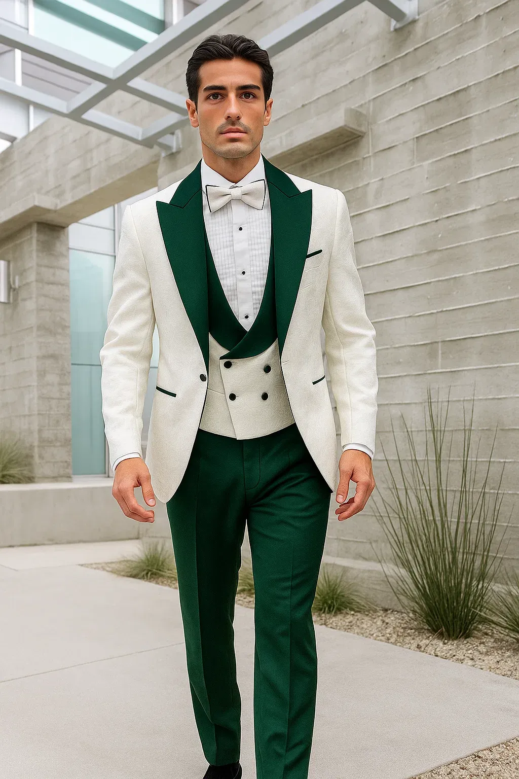 Mens Wedding & Prom Tuxedo – White Paisley Jacket, Hunter Green Pants, Vested Look sold by Alberto Nardoni product image thumbnail 5