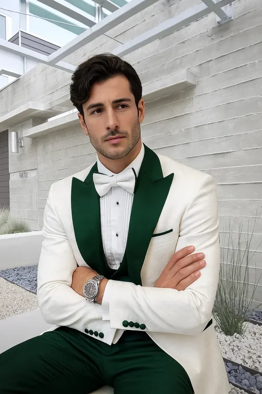 Mens Wedding & Prom Tuxedo – White Paisley Jacket, Hunter Green Pants, Vested Look sold by Alberto Nardoni