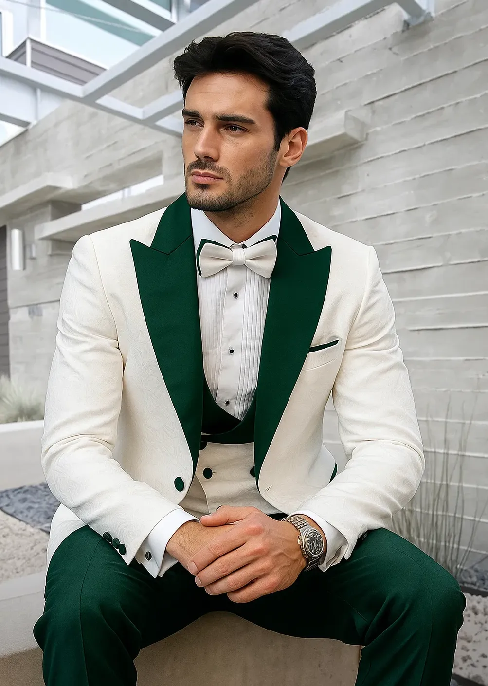 Mens Wedding & Prom Tuxedo – White Paisley Jacket, Hunter Green Pants, Vested Look sold by Alberto Nardoni product image thumbnail 2