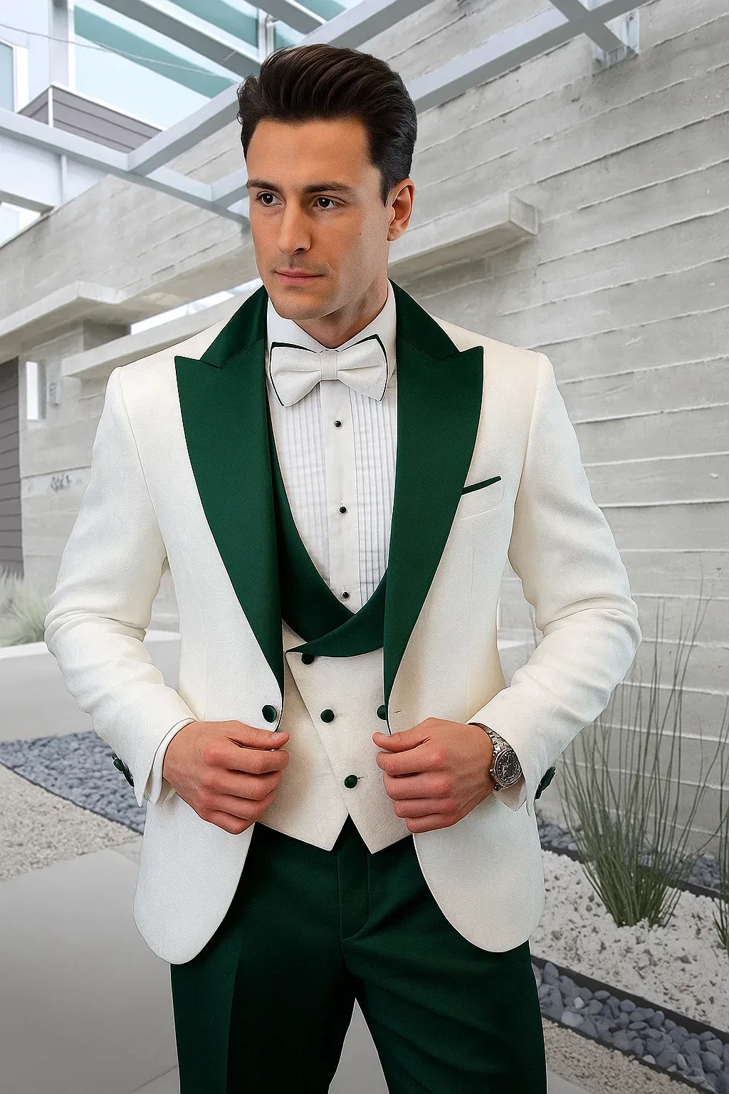 Mens Wedding & Prom Tuxedo – White Paisley Jacket, Hunter Green Pants, Vested Look sold by Alberto Nardoni product image thumbnail 3