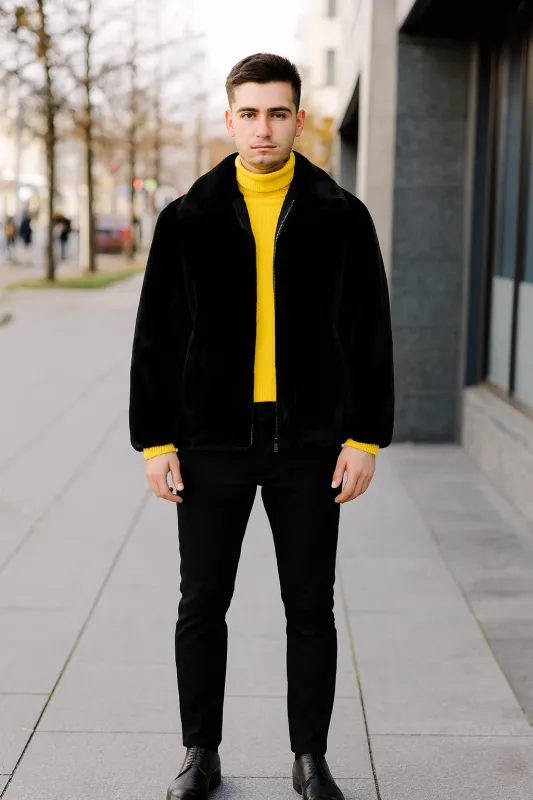 Men’s Black Faux Fur Jacket – Luxury Winter Zip-Up Coat with Soft Plush Finish sold by Alberto Nardoni