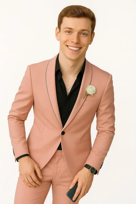 Mens Slim Fit Pink Tuxedo Suit with Black Trim – Modern Wedding and Prom Outfit in Rose Gold Blush Color sold by Alberto Nardoni