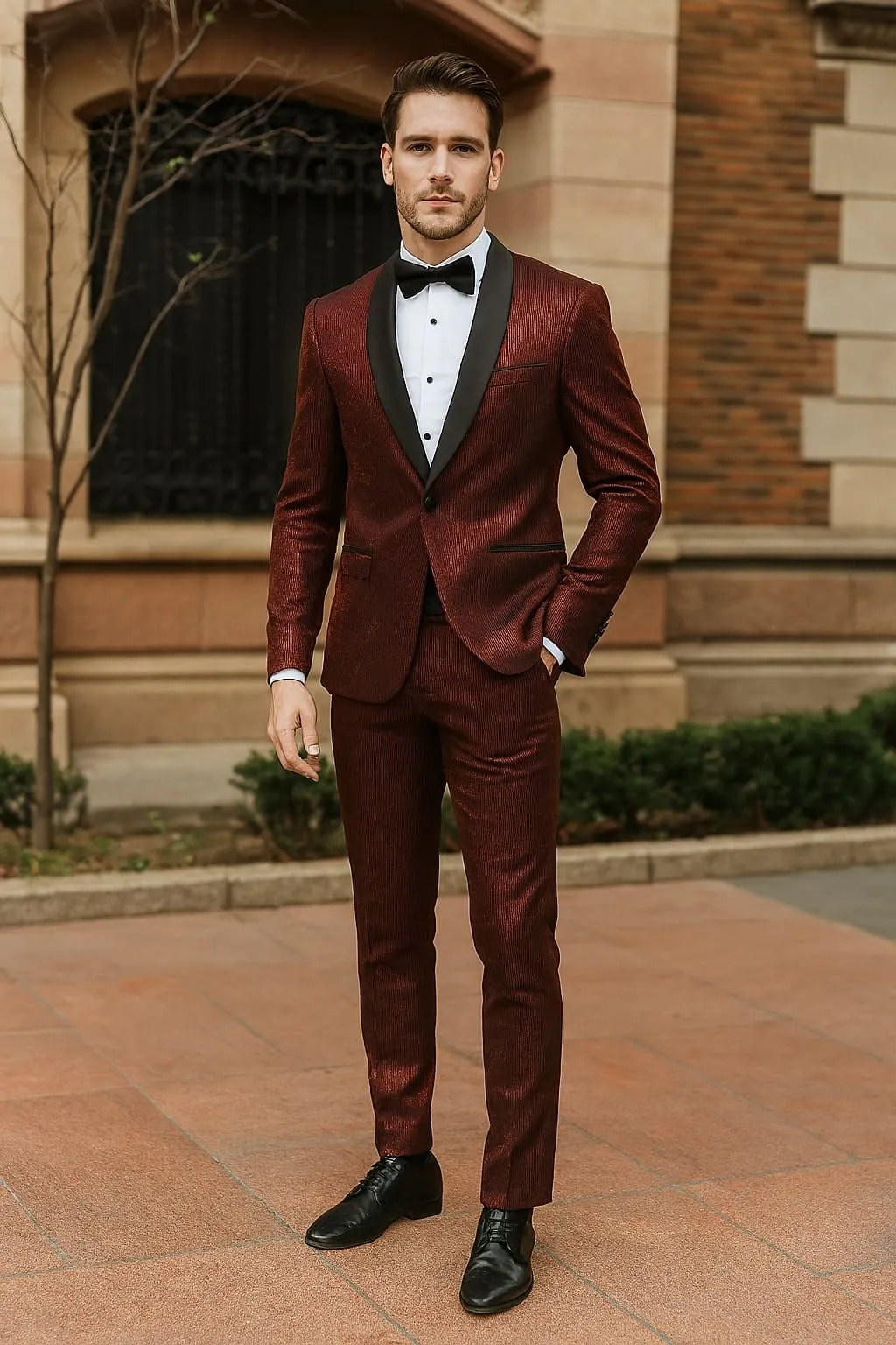 Mens Burgundy Shiny Stripe Tuxedo Jacket - Slim Fit Satin Lapel Dinner Blazer for Formal Events sold by Alberto Nardoni product image thumbnail 5
