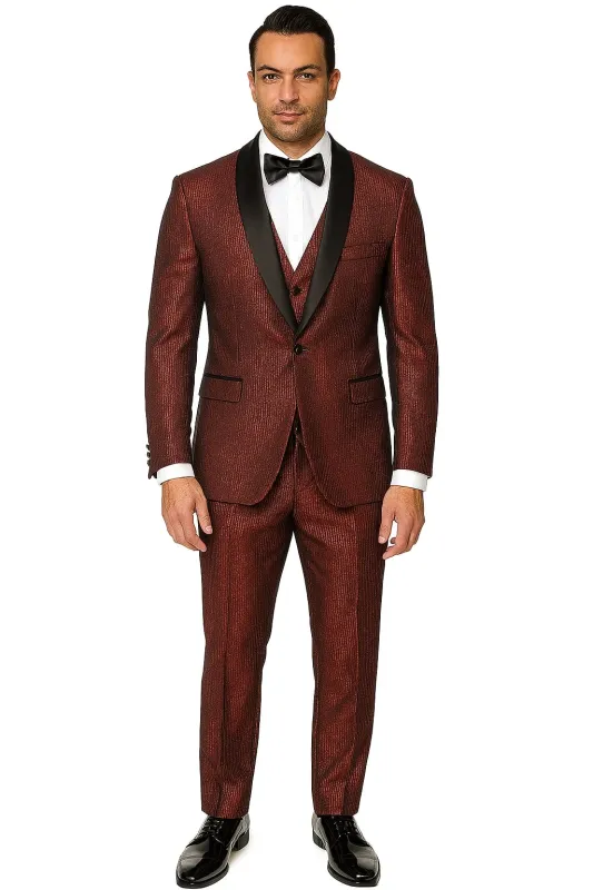 Mens Burgundy Shiny Stripe Tuxedo Jacket – Slim Fit Satin Lapel Dinner Blazer for Formal Events sold by Alberto Nardoni