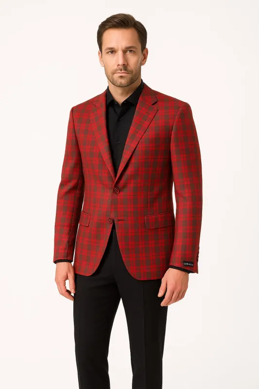 Mens Red Plaid Modern Fit Windowpane Check Blazer - Christmas Holiday Sport Coat Tartan Look made by Alberto Nardoni
