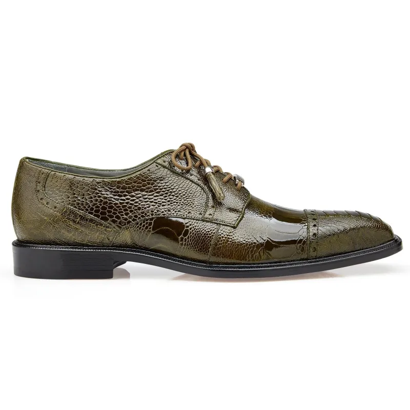 Men's Belvedere Batta Cap Toe Ostrich Dress Shoe in Olive Green sold by Alberto Nardoni