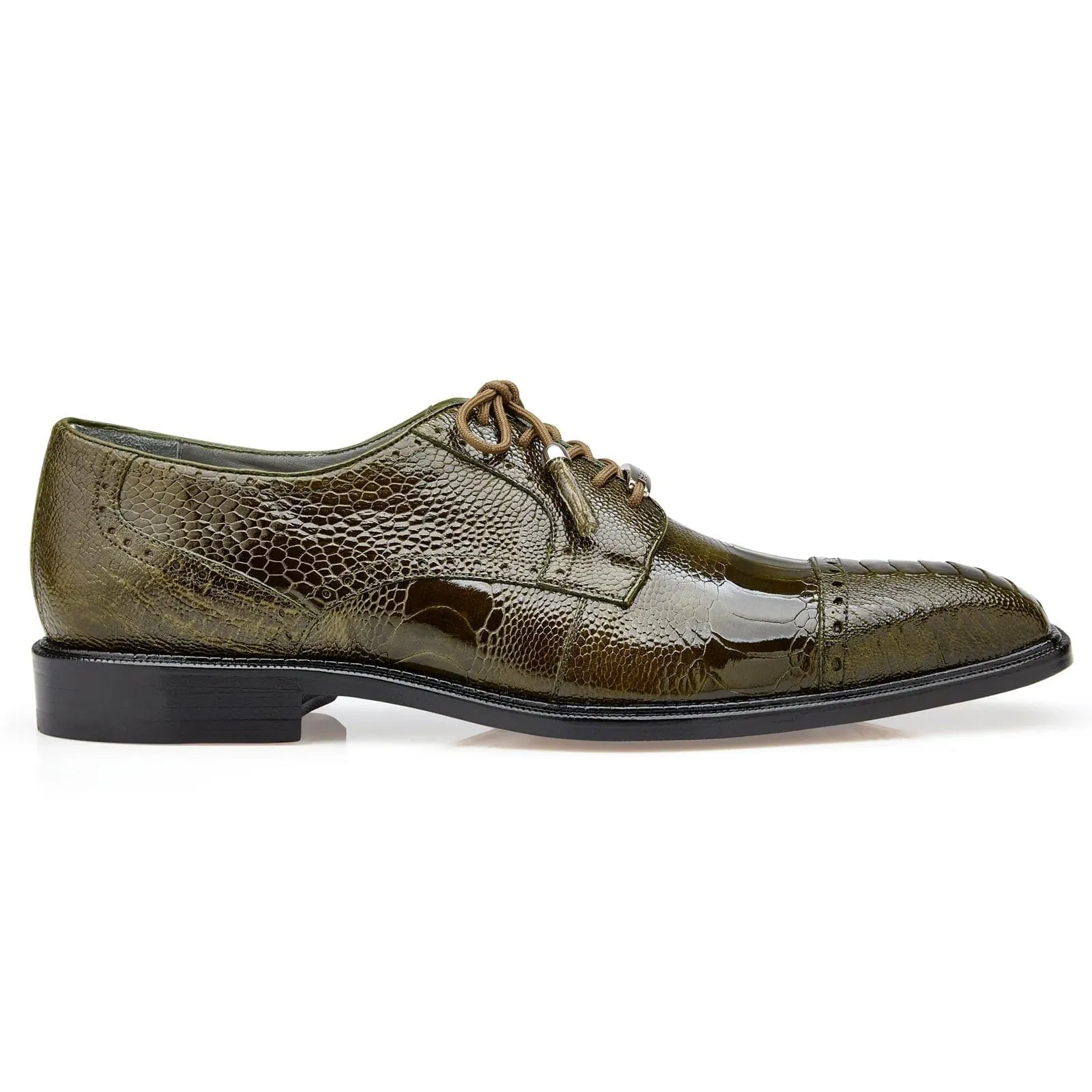Men's Belvedere Batta Cap Toe Ostrich Dress Shoe in Olive Green sold by Alberto Nardoni