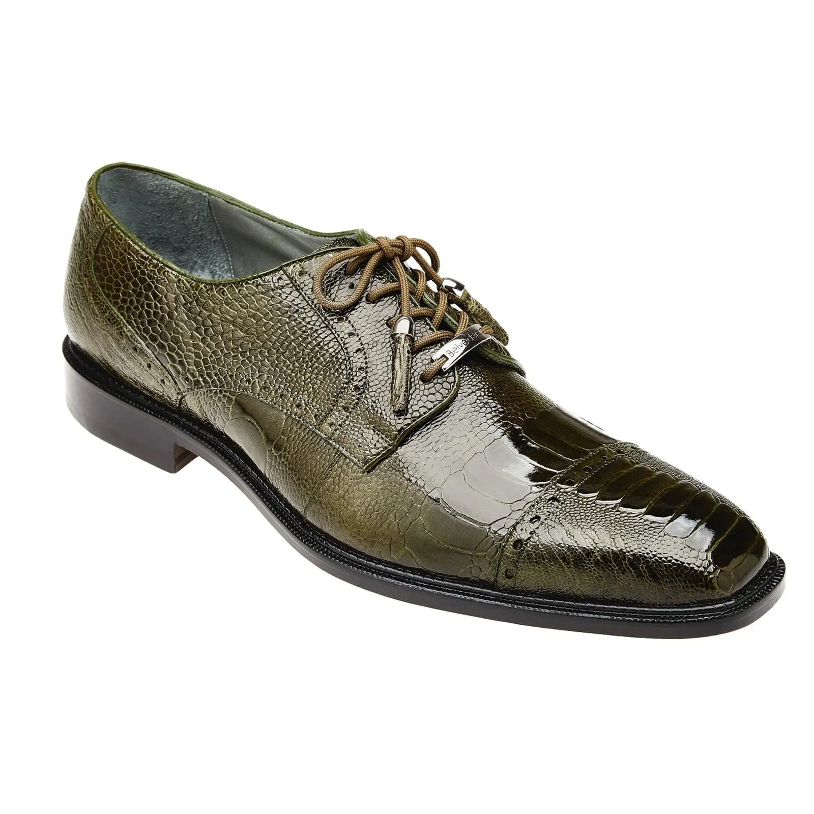 Men's Belvedere Batta Cap Toe Ostrich Dress Shoe in Olive Green sold by Alberto Nardoni product image thumbnail 2
