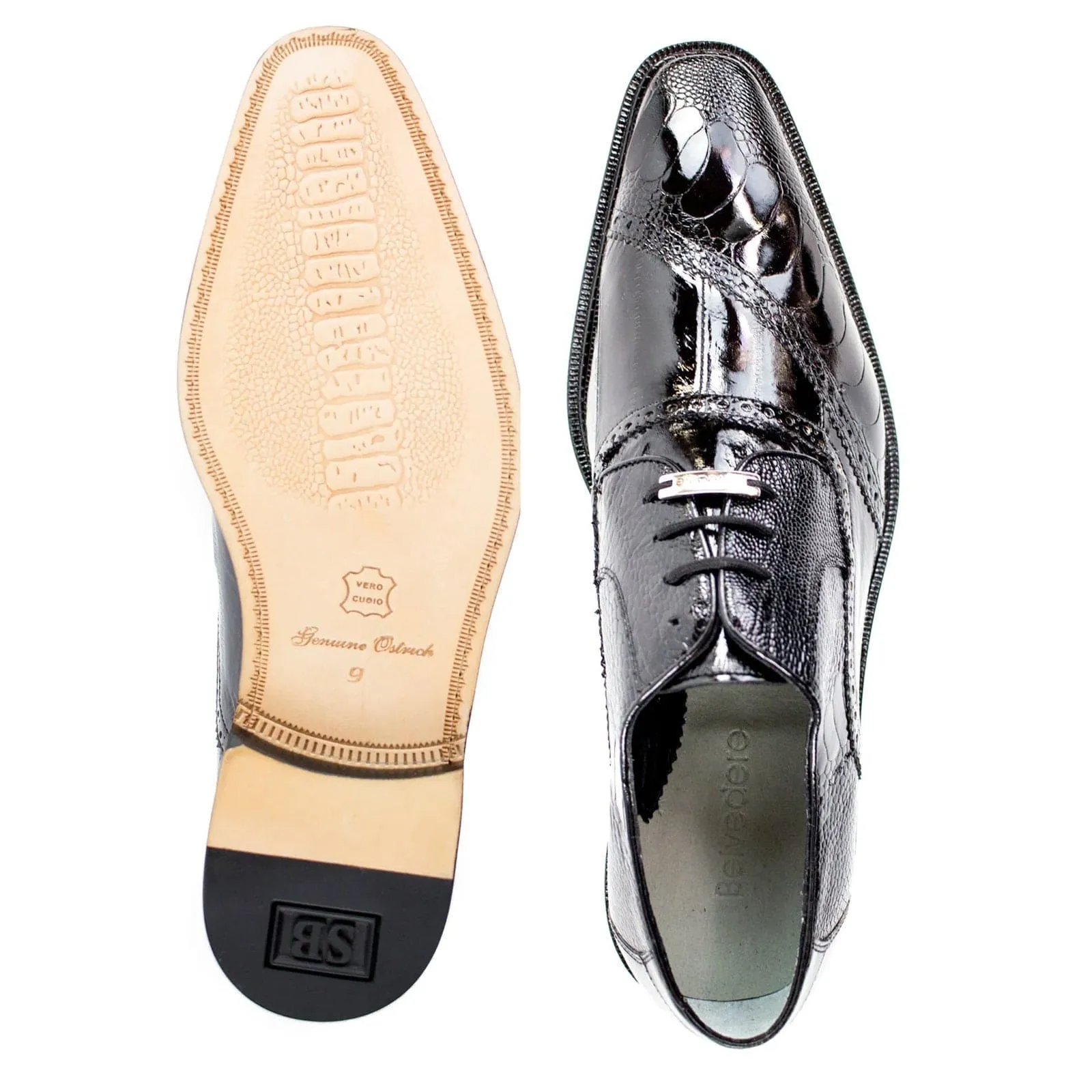 Men's Belvedere Nino Slanted Wingtip Ostrich Leg & Eel Dress Shoe in Black sold by Alberto Nardoni product image thumbnail 3