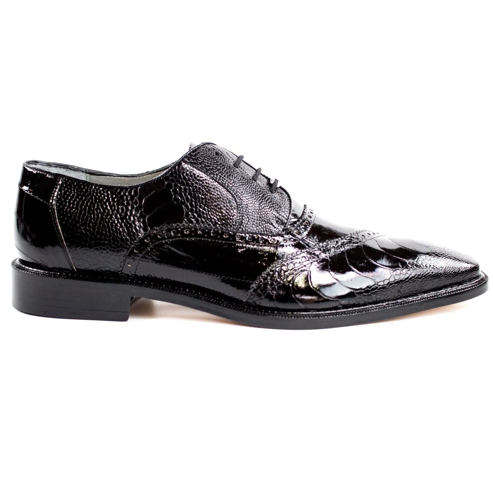 Men's Belvedere Nino Slanted Wingtip Ostrich Leg & Eel Dress Shoe in Black sold by Alberto Nardoni