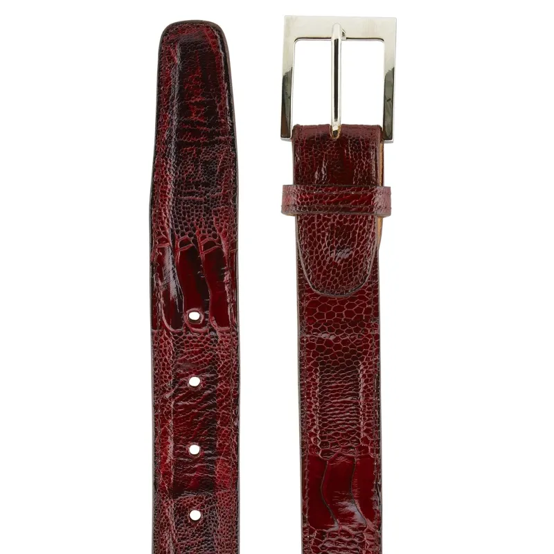 Mens Belvedere Ostrich Leg Dress Belt in Burgundy sold by Alberto Nardoni