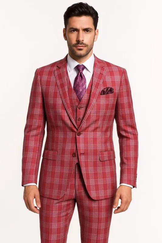 Mens Red Plaid Three-Piece Suit â€“ Bold Checkered Pattern with Vest and Matching Pants sold by Alberto Nardoni