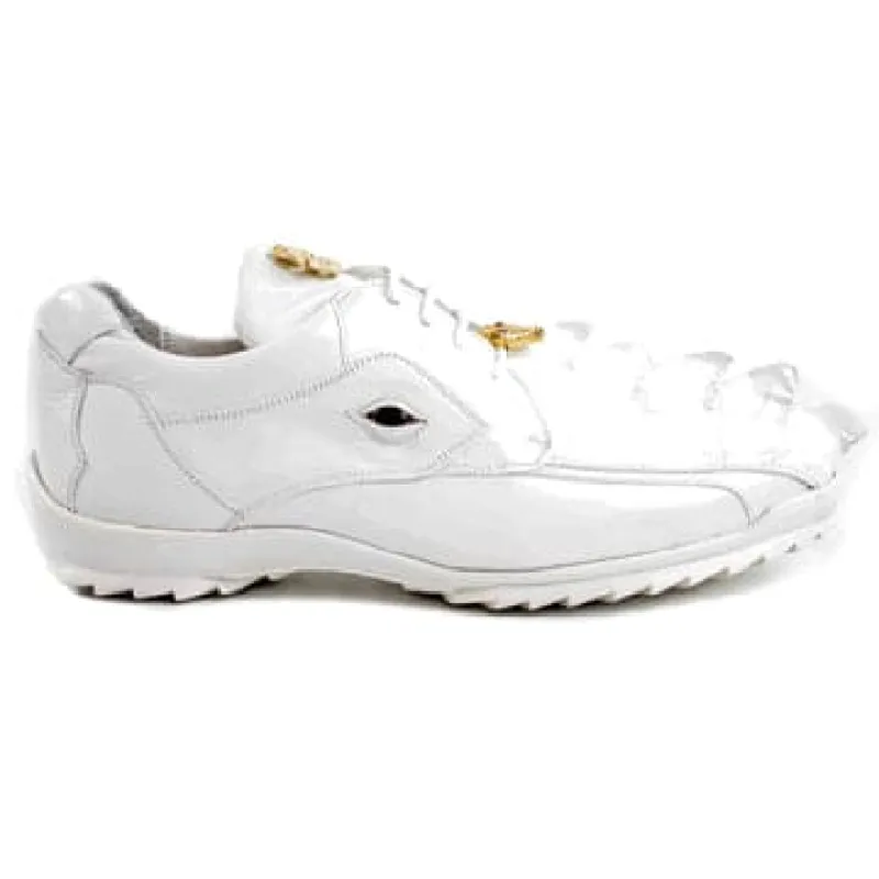 Men's Belvedere Vasco Calf & Crocodile Hornback Tail Sneaker in White sold by Alberto Nardoni