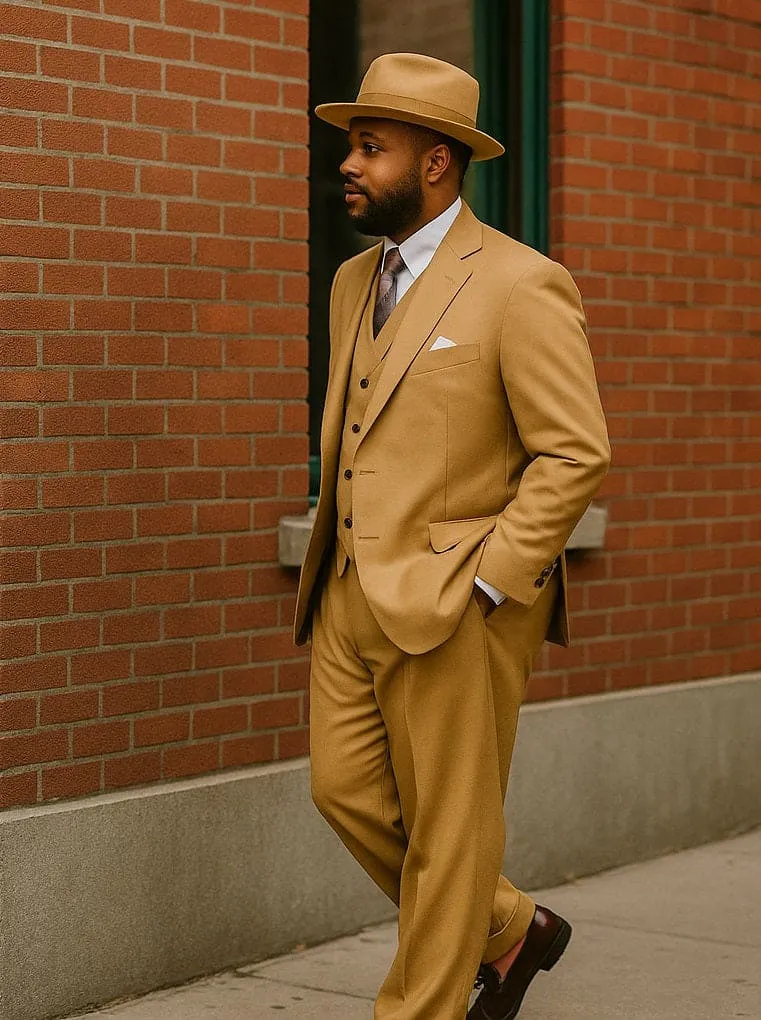 Wide Leg Pleated Pants Pants - 100% Wool Suit - Double Breasted Vest Peak Lapel - Classic Fit Suit - Vested Suit - Tan sold by Alberto Nardoni product image thumbnail 2