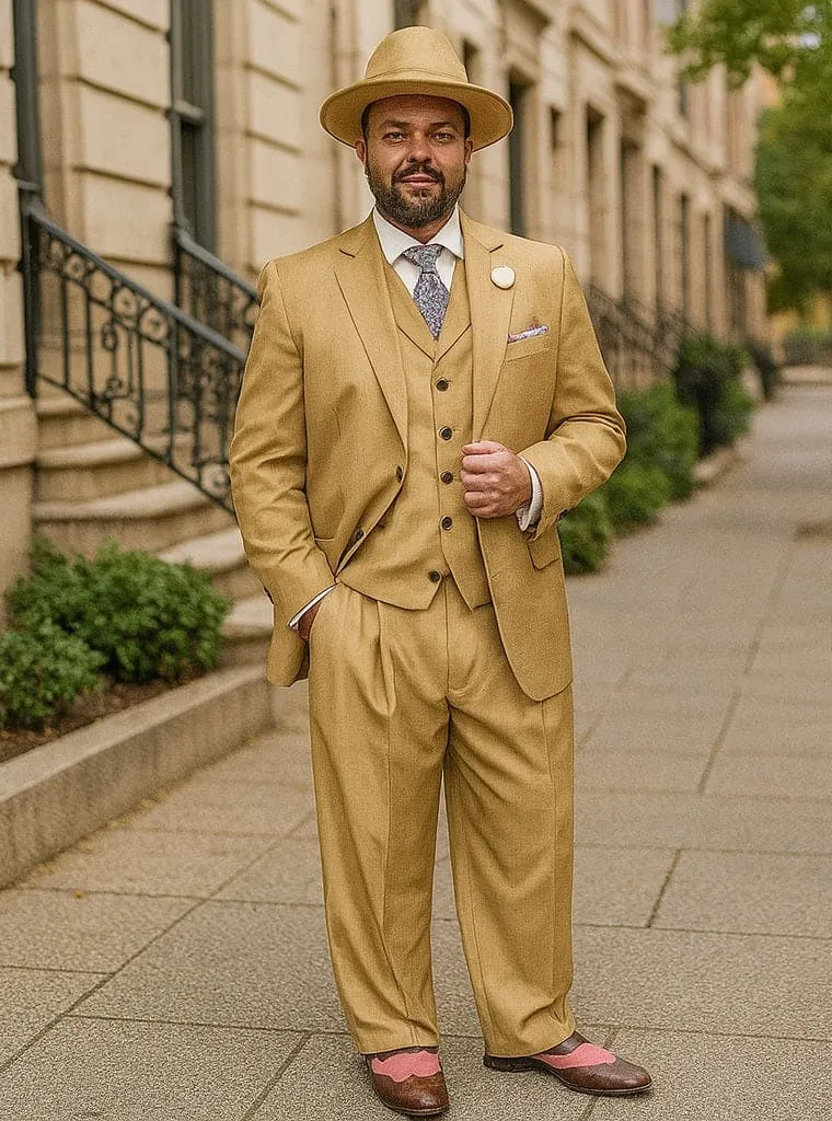 Wide Leg Pleated Pants Pants - 100% Wool Suit - Double Breasted Vest Peak Lapel - Classic Fit Suit - Vested Suit - Tan sold by Alberto Nardoni