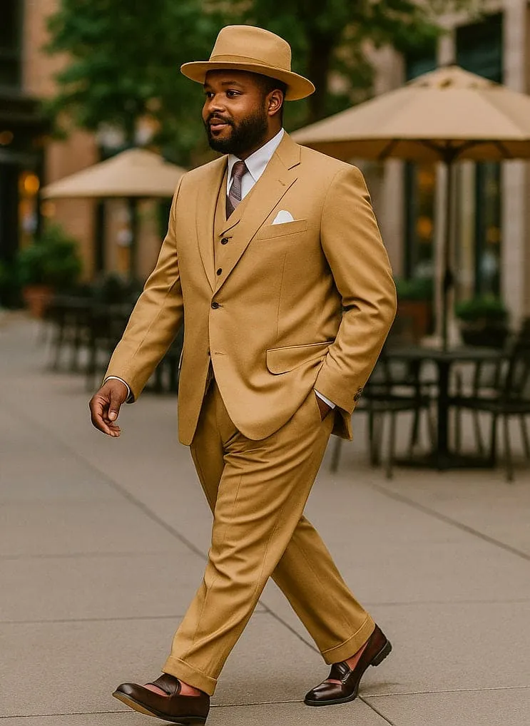 Wide Leg Pleated Pants Pants - 100% Wool Suit - Double Breasted Vest Peak Lapel - Classic Fit Suit - Vested Suit - Tan sold by Alberto Nardoni product image thumbnail 3