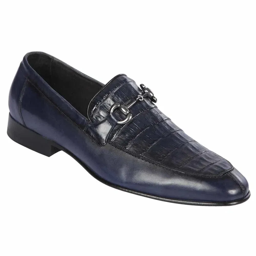 Men's Navy Exotic Leather Slip-On Loafers – Genuine Crocodile & Calfskin Blend sold by Alberto Nardoni
