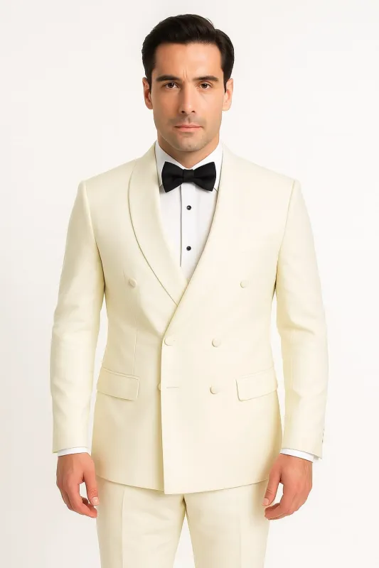 Mens Off-White Double Breasted Tuxedo Jacket with Shawl Lapel | Formal Wedding Suit in Ivory Cream Color sold by Alberto Nardoni