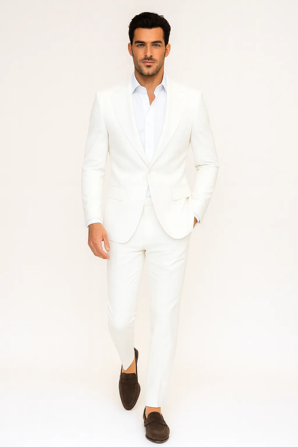 Seersucker Suit Peak Lapel Suit in Color "White" - Summer Fabric Tone on Tone Shadow Stripe By Rossiman sold by Alberto Nardoni