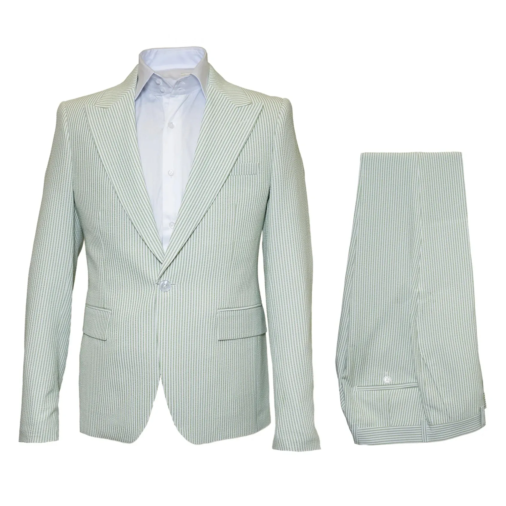 Seersucker Suit Peak Lapel Suit in Color "Light Green" - Summer Fabric Tone on Tone Shadow Stripe By Rossiman sold by Alberto Nardoni