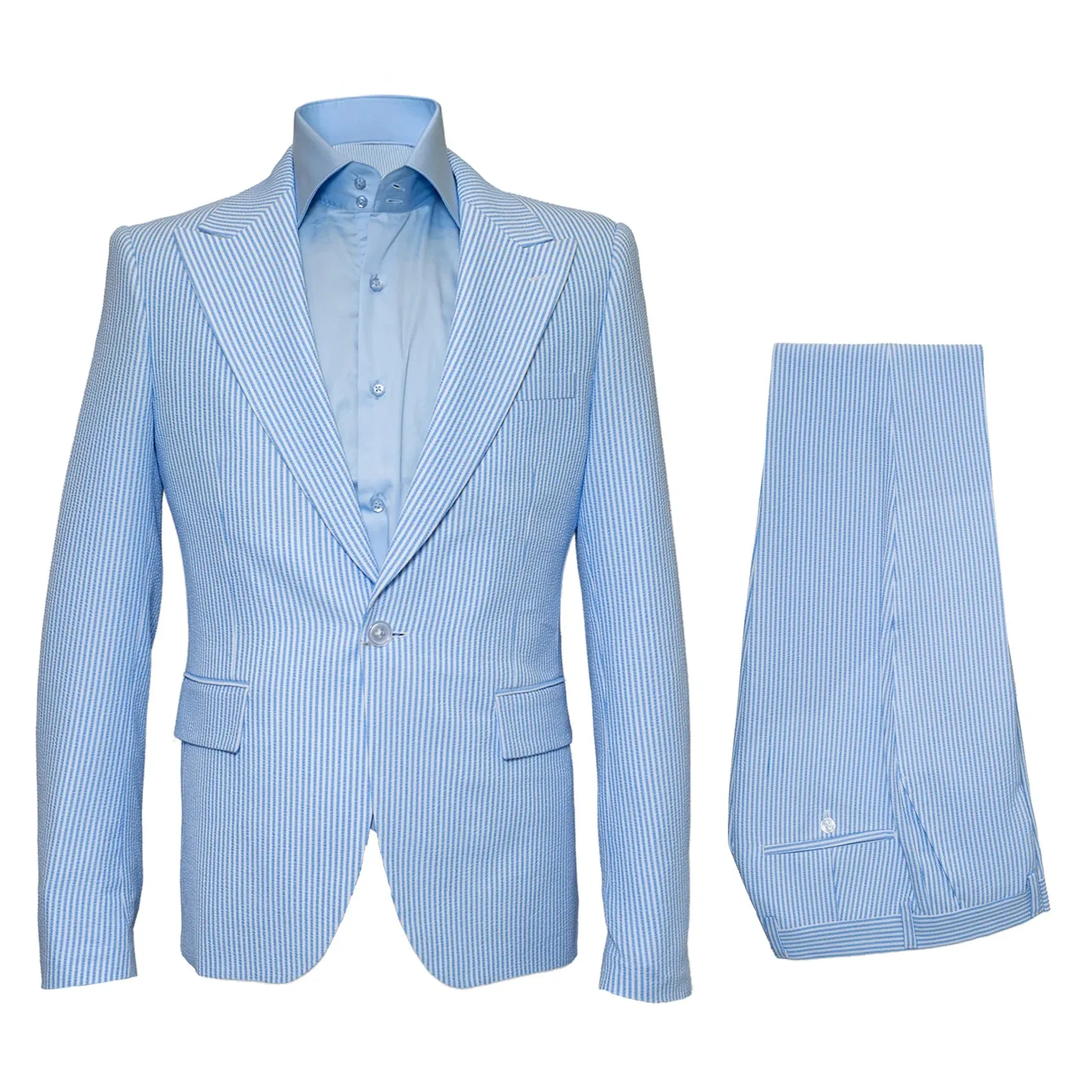 Seersucker Suit Peak Lapel Suit in Color "BLUE" - Summer Fabric Tone on Tone Shadow Stripe By Rossiman sold by Alberto Nardoni