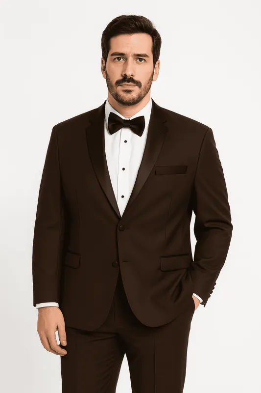 Mens Chocolate Brown Tuxedo with Black Satin Peak Lapel â€“ Formal Wedding and Prom Suit made by Alberto Nardoni