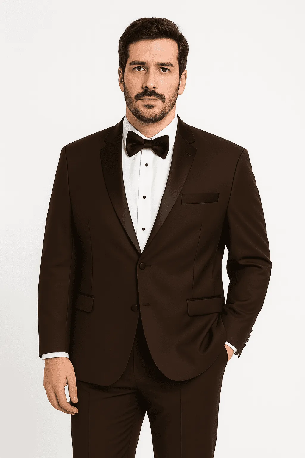 Mens Chocolate Brown Tuxedo with Black Satin Peak Lapel – Formal Wedding and Prom Suit sold by Alberto Nardoni