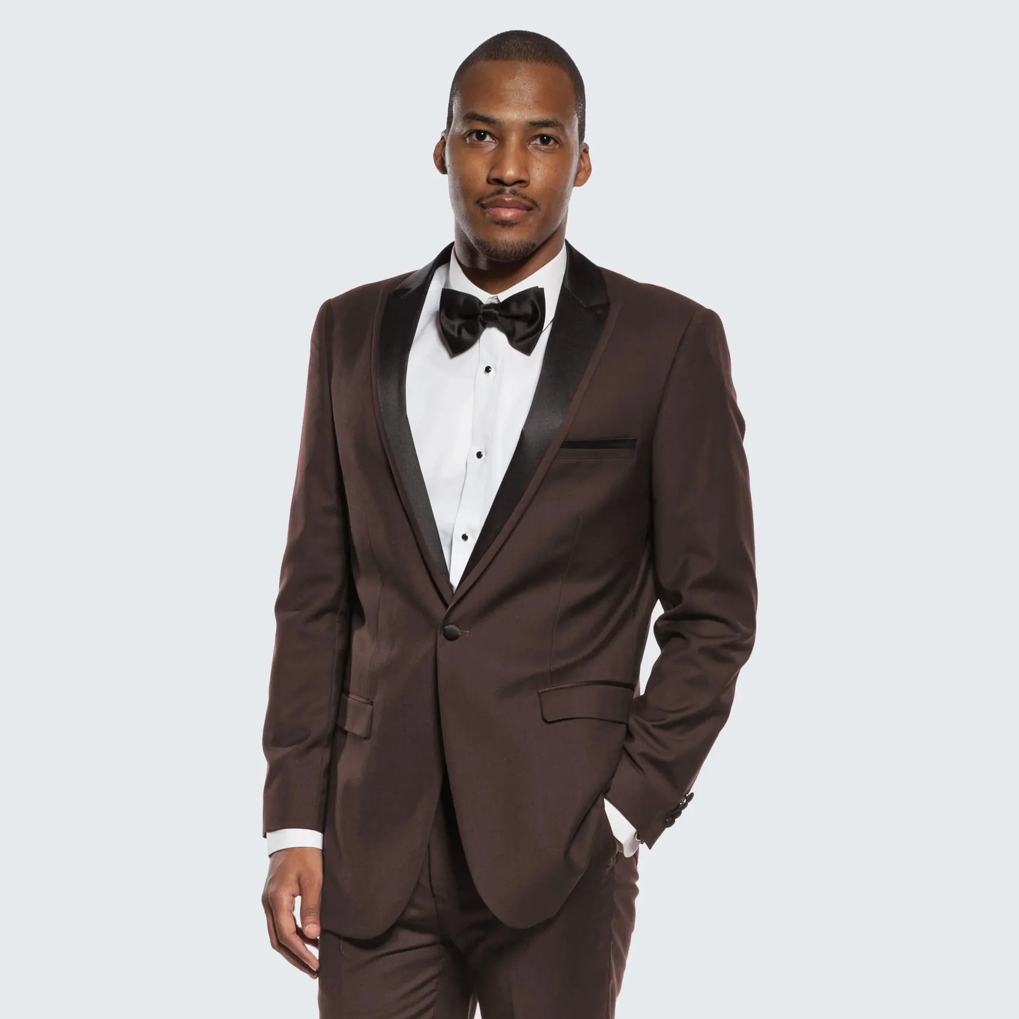 Mens Chocolate Brown Tuxedo with Black Satin Peak Lapel – Formal Wedding and Prom Suit sold by Alberto Nardoni product image thumbnail 5