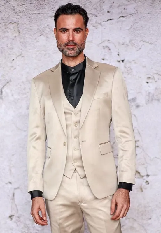 Mens 3-Piece Slim-Fit Shiny All Satin Suit Champagne sold by Alberto Nardoni