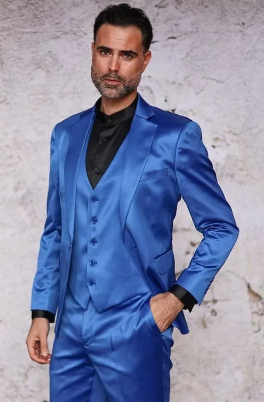Mens 3-Piece Slim-Fit Shiny All Satin Suit Royal sold by Alberto Nardoni