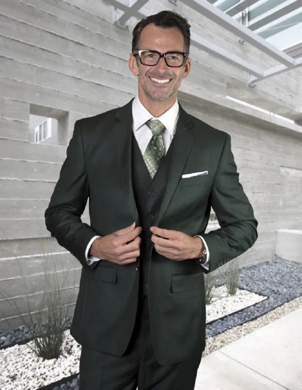 Mens 2 Button Modern Fit Vested Pick Stich Suit in Hunter Green sold by Alberto Nardoni